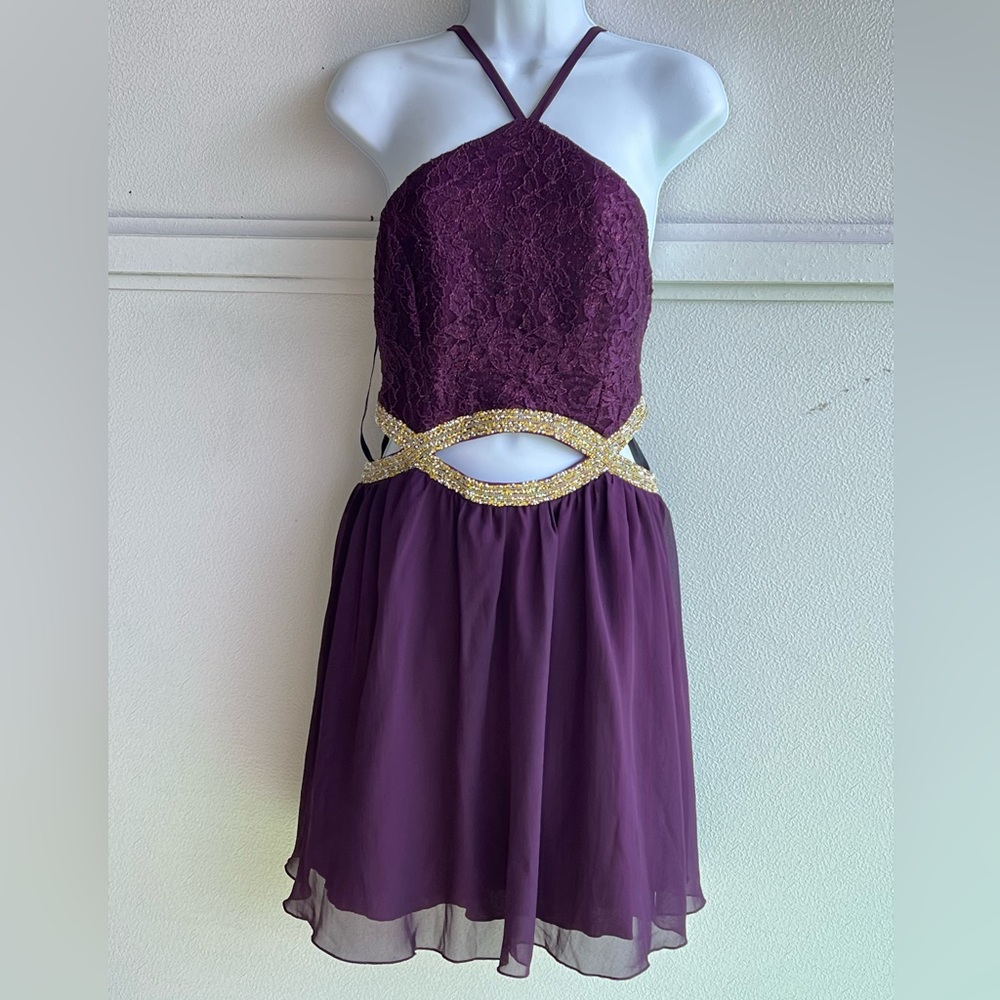 Speechless Purple & Gold Halter Dress Peek-A-Boo Jeweled Waist Midi Juniors 15